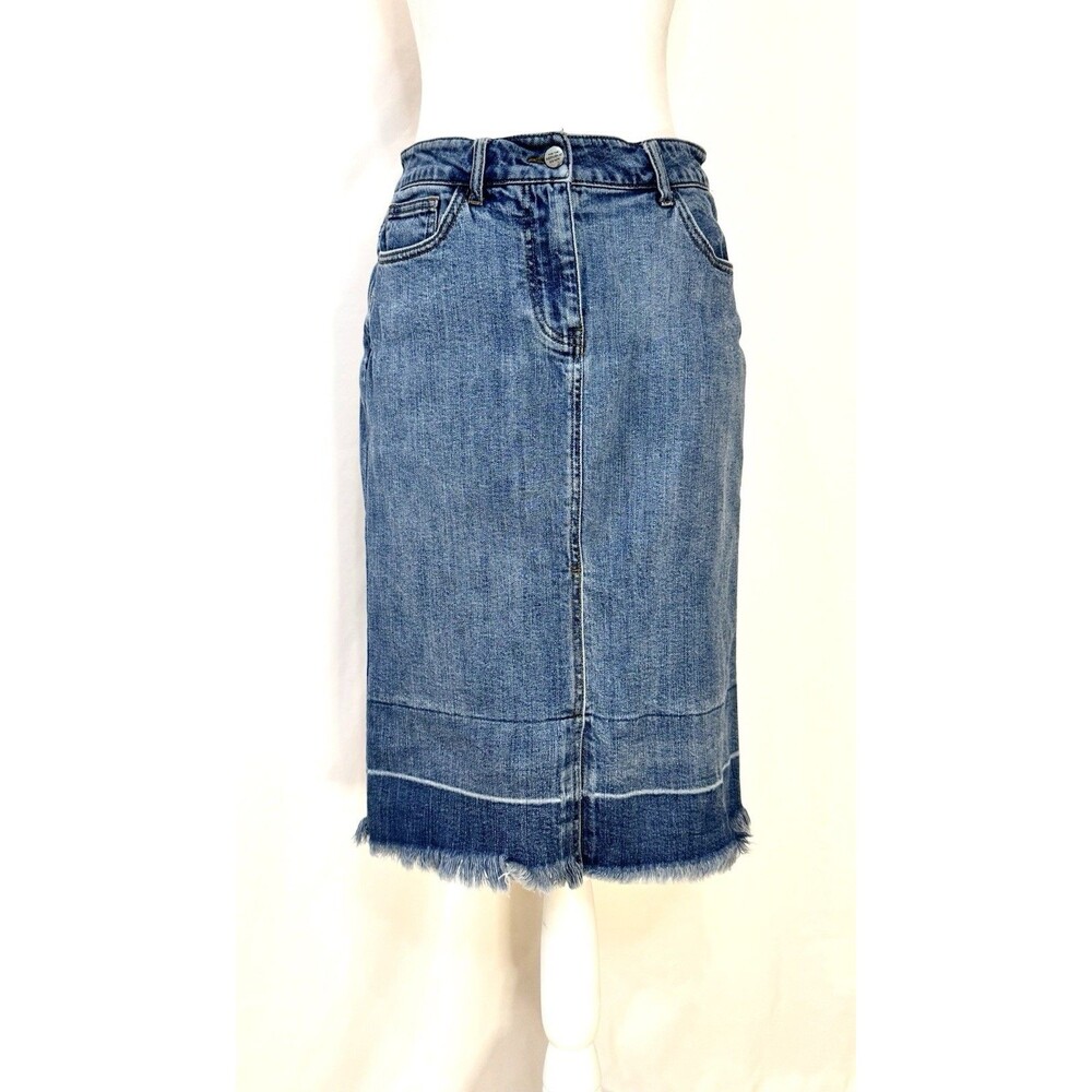 For The Republic Womens 6 Denim Midi Skirt Blue Jean Raw Frayed Hem Front Slit
